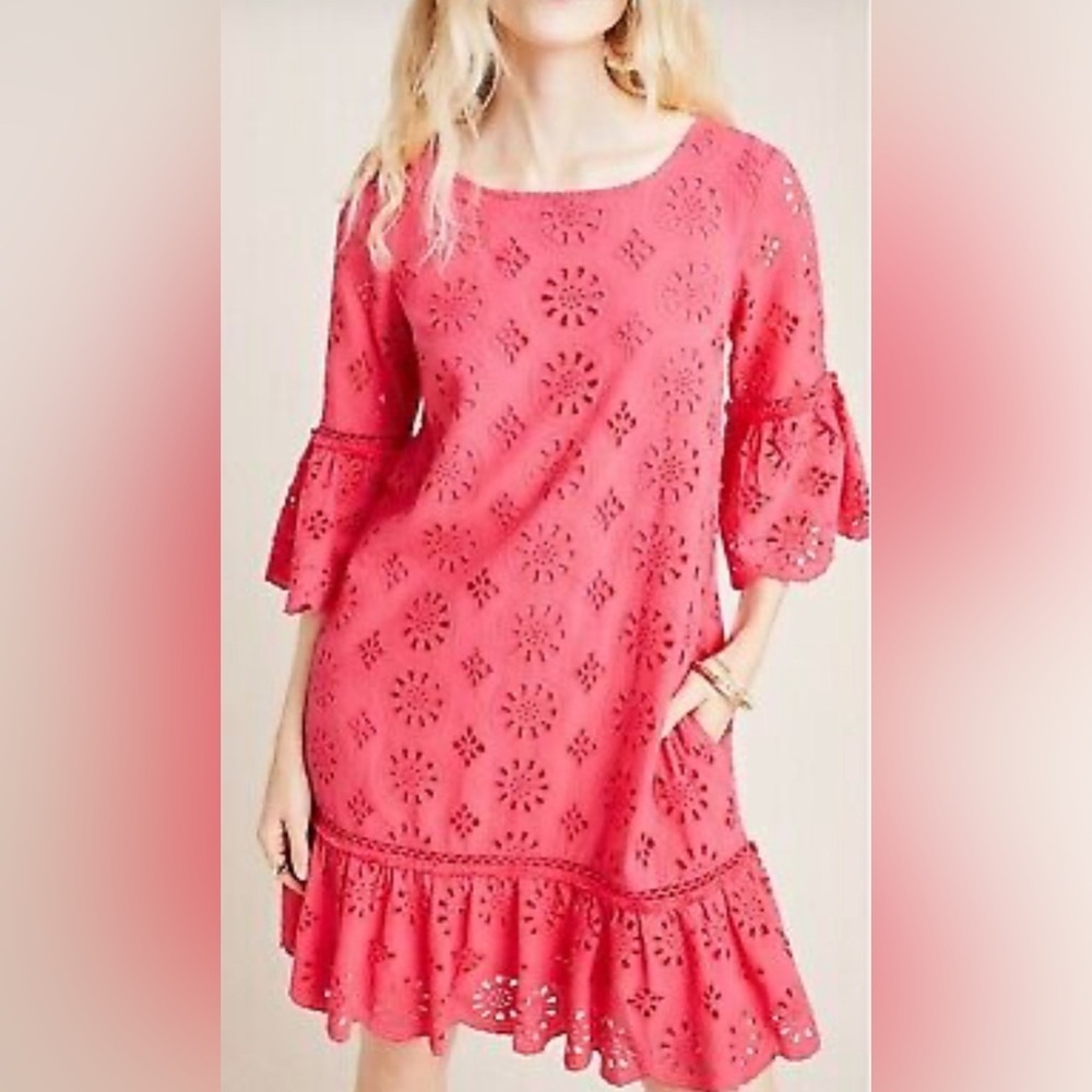 Anthropologie Coral Eyelet Ruffle Dress, Size 10
